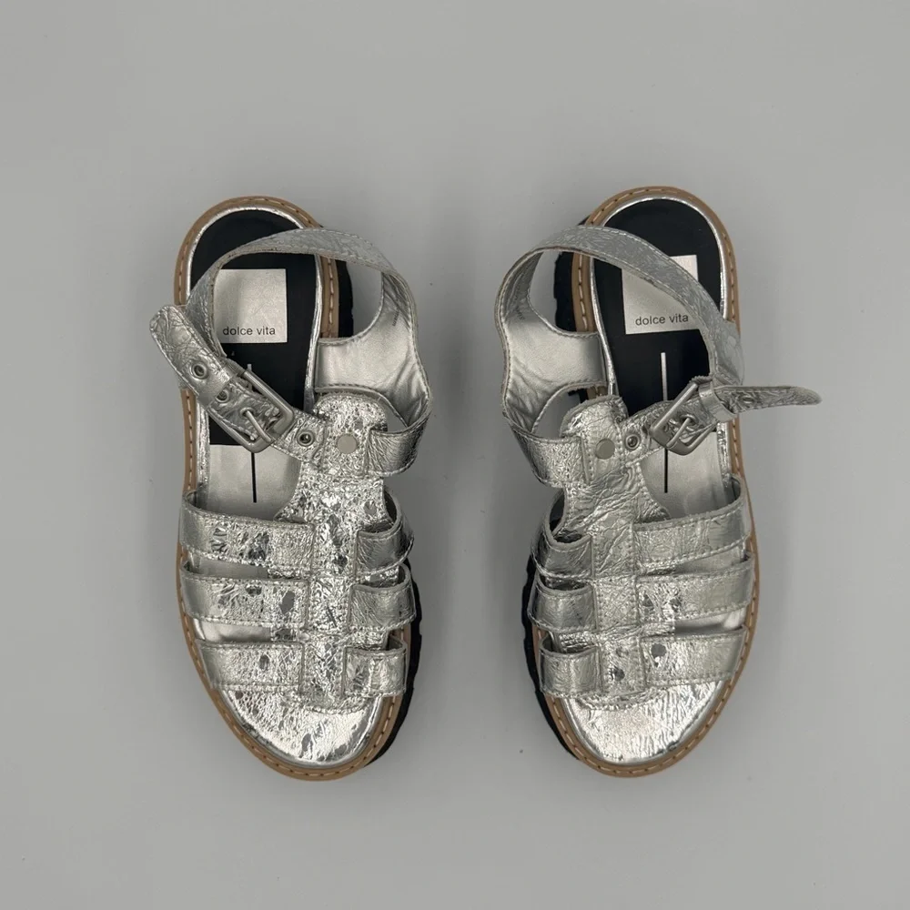 Dolce Vita Silver Metallic Fisherman Black Chunky Heel Platform Boho Sandal 7